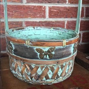WOODEN BASKET Metal Leaf and Butterfly Embellish